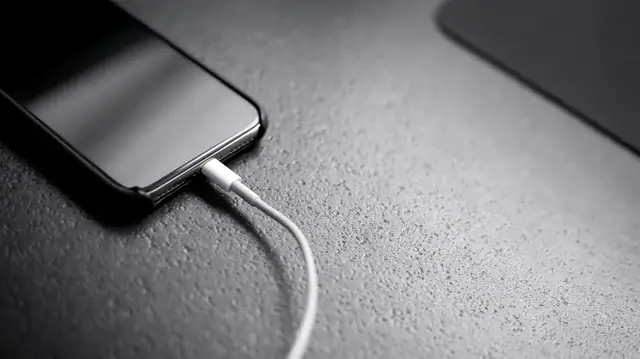 Şarj kablosu takılı siyah bir akıllı telefon